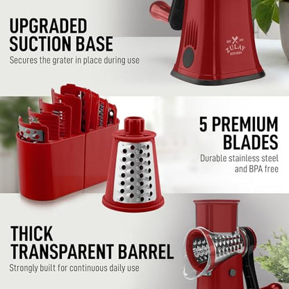 Zulay Kitchen Rotary Cheese Grater 5 Blade Cheese Shredder - Manual Hand Crank Cheese Grater With Reinforced Suction & 5 Interchangeable Drums - Easy to Use, Vegetable Chopper Round Mandoline Slicer - color: Maroon