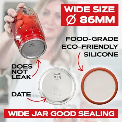 FORJARS - Wide Mouth Canning Lids, 100-Pack – Create Airtight Seals on Mason Jars to Preserve Food for Meal Prep & Emergency Food Storage – 3.4 In. Metal Lids with Silicone Seals – Canning Supplies - style: 100-Pack