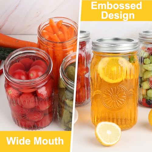 32 oz Wide Mouth Mason Jars with Lids and Bands, 6 Pack Quart Canning Jars, Embossed Glass Mason Jars for Centerpieces, Preserving, Pickling, Meal Prep, Jam, DIY Crafts