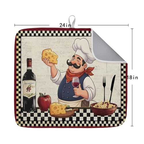 Dish Drying Mat for Kitchen Counter, Chef with Cheese Absorbent Dish Mats Foldable Microfiber Drainer Pad 1PCS 18"x24", Wine Bottle Black Plaid Frame Plate Holder Mat for Countertop Sink Decor - size: 1PCS-18x24in