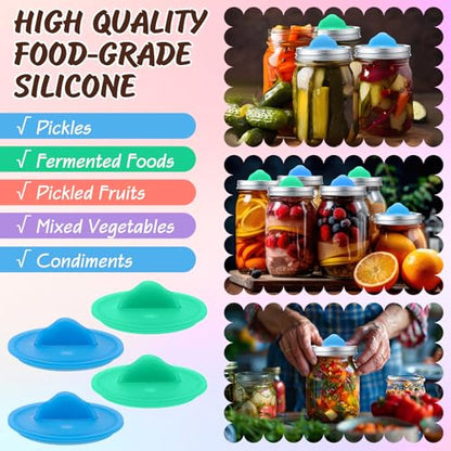 4 Pack Mason Jar Silicone Fermentation Lids for 3" Wide Mouth Jars Waterless Airlock Fermentation Mason Jar Lid Fermenter Caps for Pickles, Kimchi, Fermented Probiotic Food (Blue,Green) - color: Blue, Green