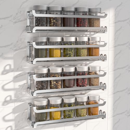 LUCYCAZ 4 Pack Wall Mounted Spice Rack for Kitchen Cabinet,RV,Camper,Sliver | 16 Metal Hooks, Space-Saving,Screw or Adhesive Spice Shelf Hanging,for Pantry Door Spice Jars & Seasonings,11.41×2.75×2.36in - color: Silver, size: 4 PACK