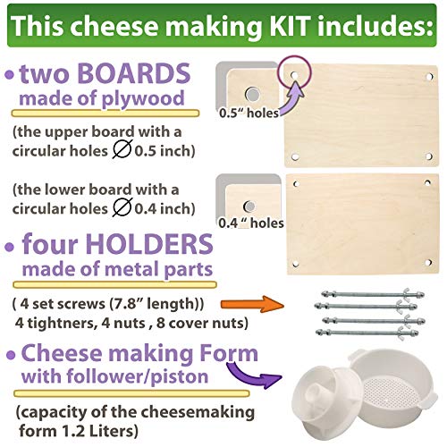 PetriStor Wooden Cheese Press for Cheese Making Supplies 12 in Metal Guides and Cheese Mold with Follower Piston 1.3Qt - Small Home Supply Cheese Press Machine - Prensa Para Queso Casero