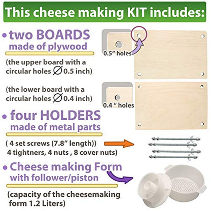 PetriStor Wooden Cheese Press for Cheese Making Supplies 12 in Metal Guides and Cheese Mold with Follower Piston 1.3Qt - Small Home Supply Cheese Press Machine - Prensa Para Queso Casero