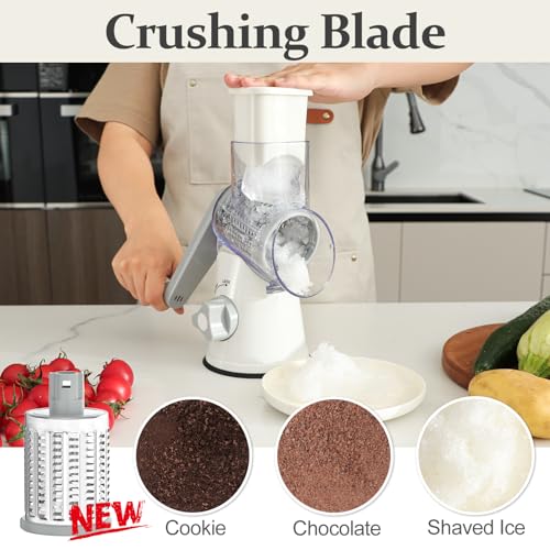 Cambom Rotary Cheese Grater Hand Crank Cheese Shredder for Fresh Cheese, Vegetable, Nuts,Non-slip Suction Base, Five Blades, White - color: White, size: 5 BLADES