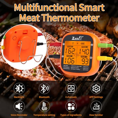 Wireless Digital Meat Thermometer,Instant Read Food Thermometer with LCD Display and 4 Stainless Probes,Advanced Electronic Thermometer Waterproof for BBQ Cooking Kitchen Outside Grill - color: red
