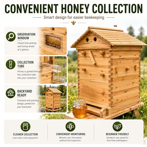 Wooden Beehive Starter Kit with Honey Collection System & Frames, Bee Hive Box with Observation Window, Beginner Friendly Backyard Beekeeping Kit for Honey Harvesting, 24"×22"×30"