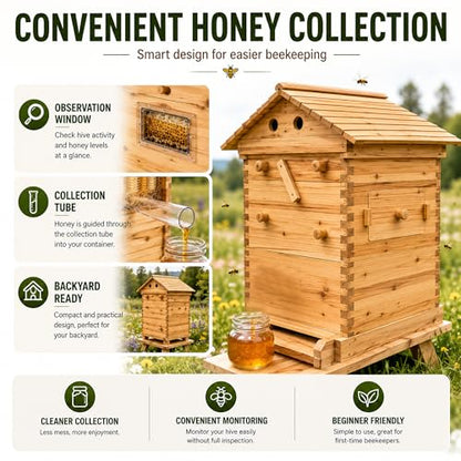Wooden Beehive Starter Kit with Honey Collection System & Frames, Bee Hive Box with Observation Window, Beginner Friendly Backyard Beekeeping Kit for Honey Harvesting, 24"×22"×30"
