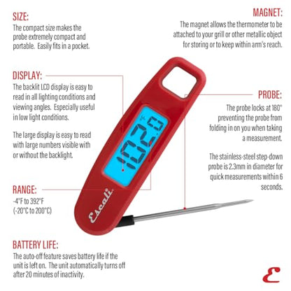 Escali Compact Portable Meat Candy Folding Digital Thermometer, Backlit Display Easy to Storage with Magnet, Red - color: Red