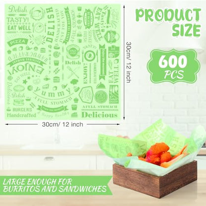 Outus 600 Pcs 12 x 12 Inch Deli Wax Paper Sheets Grease Resistant Tray Basket Liners Newsprint Paper Water and Grease Proof Sandwich Wrapping Square Hot Dog Wrappers for Food Baking (Light Green) - color: Light Green