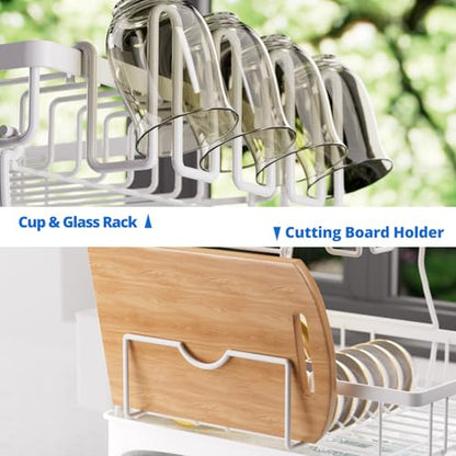 Godboat 2-Tier Dish Drying Rack - Dish Rack with Auto Drain-to-Sink & Mat | Dish Racks for Kitchen Counter, Dish Drainer with Knife Fork & Cup Rack, Gifts for Women, Mothers Day, Kitchen Gadgets, White - size: X-Large (2-Tier/White)