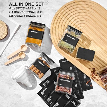 Glass Spice Jars with Bamboo Lid, 4oz Square Spice Containers for Pantry Organization, Seasoning Bottles with Labels, Spoons, Funnel for Salt Sugar - color: Black