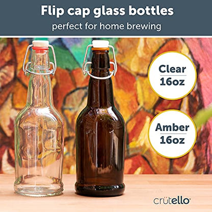 Crutello 16 Ounce Amber Glass Flip Top Beer Bottle for Brewing - Kombucha, Soda, Juice - 12 Pack 16 Oz Glass Bottles with Lids for Fermentation, Storage, Drinking - A Family-Owned American Brand