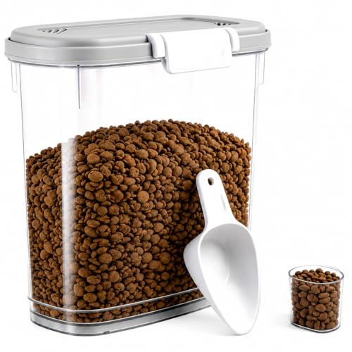 Gray White Airtight Dog Cat Food Storage Container 10 Lbs - Slim Tall Pet Food Treat Container with Lid, Scoop and Cup - Clear Plastic Dry Food Storage Bin for Dogs, Cats, Bird Seeds, Kibble, Pellets - color: Gray White