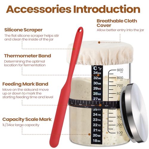 Potchen 2 Set Sourdough Bread Starter Kit 34oz Sourdough Starter Kit with Thermometer Scraper Cloth Cover and Lid Wide Mouth Sourough Bread Baking Supplies(Retro Style,Silver)