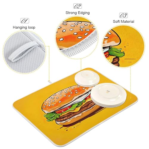 Hamburger with Cheese Dish Drying Mat for Kitchen Counter, Non Slip & Super Absorbent Dish Drainer Rack Pad for Countertops, 16 x 18 Inch - size: 16x18in