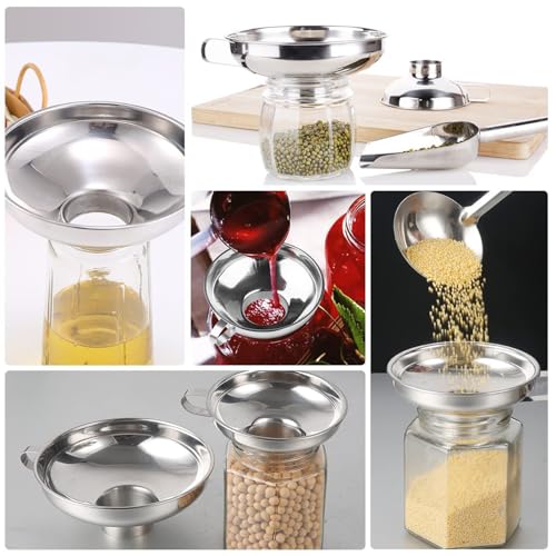 3PCS Silver 304 Food Grade Wide Mouth Preserving Jar Funnel with Filter Set Suitable for Transferring Jam Spices Grains Pulses Sugar Powdered Goods
