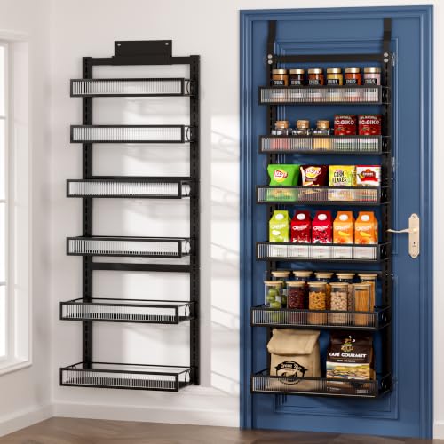 Over the Door Pantry Organizer 6 Tiers Hanging or Wall Mounted Spice Rack with Adjustable Basket,Heavy Duty Metal Seasoning Organizer Shelf for Kitchen Pantry and Bathroom - color: Black-Acrylic, size: 6 Tiers