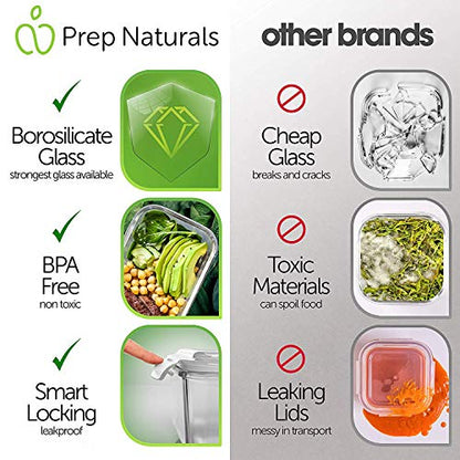 PrepNaturals 5팩 887.2ml(30온스) 유리 밀프렙 용기 - 식기 세척기 전자레인지 냉동고 오븐 사용 가능 - 뚜껑이 있는 유리 보관 용기 (멀티 칸) | 붕규산 유리 밀프렙 용기 - 밀폐 누출 방지 뚜껑, 전자레인지, 오븐 및 냉동고 사용 가능 (5팩, 887.2ml(30온스) - size: 5 Pack - 30oz