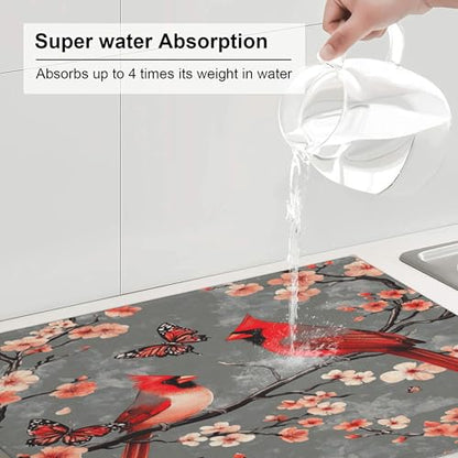 Cardinal Birds Dish Drying Mat for Kitchen Counter Microfiber Super Absorbent Non-Slip Dish Drying Pad for Countertops Dishes Utensils Stylish Quick-Dry Machine Washable 18x24 Inch - color: Cardinal Birds