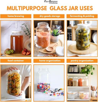 FastRack 4-Pack 1 Gallon Glass Jar with 5 Airtight Metal Lids (1 Extra Bonus Lid) | Wide Mouth Jars for Fermenting, Pickling, Sourdough Starter, and Home Brewing | Heavy Duty Food Storage Canisters - size: 4 Pack