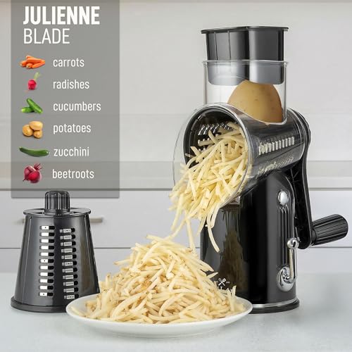 Zulay Kitchen Rotary Cheese Grater 5 Blade Cheese Shredder - Manual Hand Crank Cheese Grater With Reinforced Suction & 5 Interchangeable Drums - Easy to Use, Vegetable Chopper Round Mandoline Slicer - color: Classic | Black