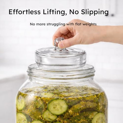 Glass Fermentation Weights Compatible with Weck Jars, Gallon Jars, 3.43" Pickle Weights with Easy-Lift Handle, Heavy 11-13 oz Glass Weights to Keep Food Below, Set of 2