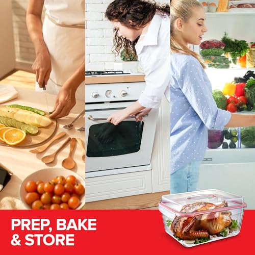 28 Cup Extra Large Glass Storage Container with Lid (220 oz), Oven Safe Glass Container with Handle and Airtight Locking Lid, Freezer Safe (2 Pack)