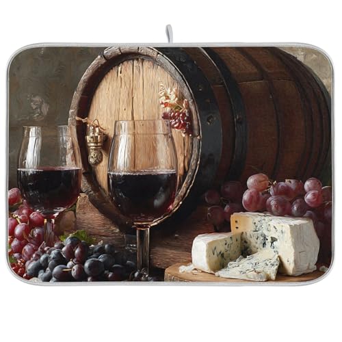Dish Drying Mat 16 x 18 Inch Red Wine Barrel with Grapes and Cheese Soft Drying Pad Absorbent Dish Drainer Rack Mats for Kitchen Counter Sinks Dining Table Draining Mats Heat Resistant - size: 16" x 18"