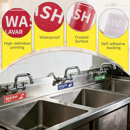 4PCS Wash Rinse Sanitize Sink Labels Stickers, Waterproof Hand Wash Only Sign, Supplies for 3 Compartment Sink,Wash Station, Kitchens, Restaurant, Food Trucks, Office - color: Wash Rinse Sanitize Sink Lables 375