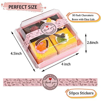 Paper Charcuterie Boxes with Clear Lids and Stickers - 50 SETS 4 Inches Square Disposable Food Containers Bakery Boxes for Bakery, Macaron, Sandwich, Slice Cake, Cookies, Hot Cocoa Bombs, Strawberries (Pink) - color: Pink