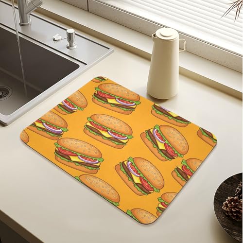 Cheeseburger Tomato Yellow Dish Drying Mat for Kitchen Counter Highly Absorbent Coffee Maker Mat Heat Resistant Dish Rack Pad for Sink Rack Pans Pots Utensils 15.7" x 11.8" - size: 15.7x11.8inch