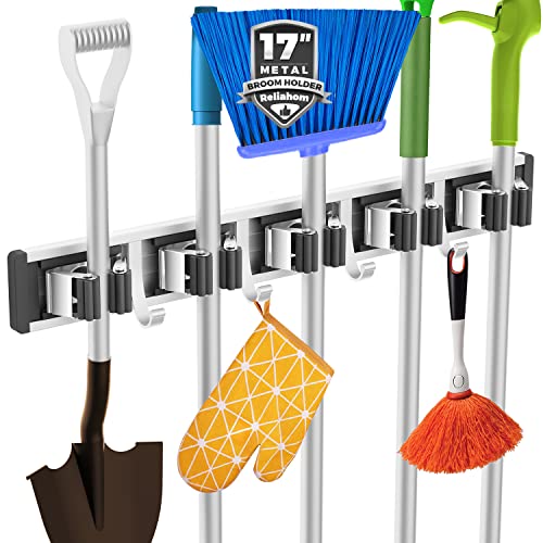 reliahom Broom Holder Wall Mount Mop Hanger Tools organizer 5Racks 4Hooks | Adjustable Mop Broom Wall Hanging Heavy duty Tools Storage Rack Space-saving for Garage,Kitchen,Laundry Room,Garden, Black - color: Black, size: 1 Pack 5R4H