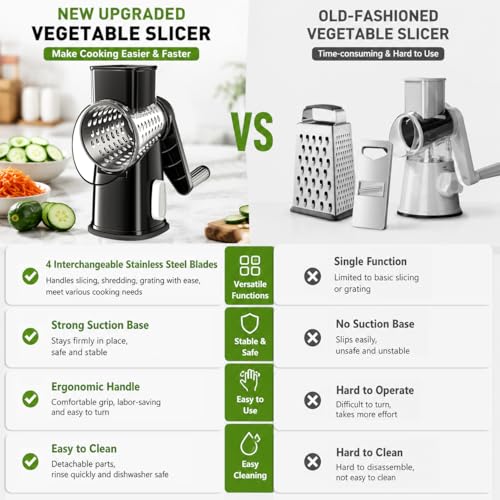 VEKAYA Rotary Cheese Grater Hand Crank with 4 Interchangeable Stainless Steel Blades, Large Manual Handle Shredder and Waffle Slicer for Vegetables, Cheese and Nuts with Table Suction Base (Black) - color: Black