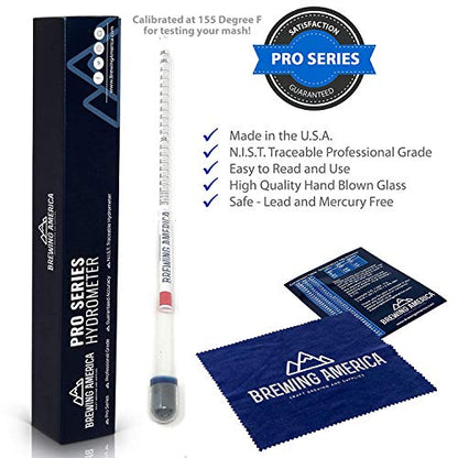 Brewing America USA-Made Beer Mashing Hydrometer Calibrated at 155 Degrees Fahrenheit - Specific Gravity Pro Series Brewing Triple Scale - Brew Better All Grain Beer