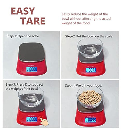 NUTRI FIT Ultra Slim Food Scale Digital Kitchen 1g Increment Measure in lb oz ml High Precision Weight in Grams and oz for Coffee Making, Meal Prep - Red/Stainless Steel - color: Red