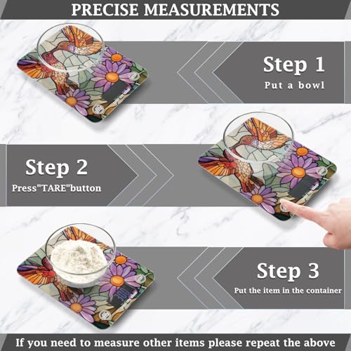 Brown Hummingbirds Purple Daisy Stained Glass Food Scale Kitchen Digital Scale Food Ounces and Grams Dieting Baking Cooking Waterproof Glass Panels LCD Display,4 Units Tare Function - color: brown humming birds purple daisy stained glass