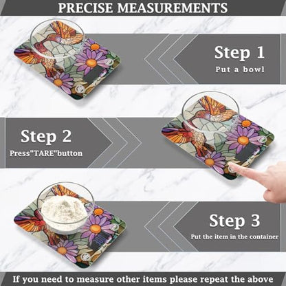Brown Hummingbirds Purple Daisy Stained Glass Food Scale Kitchen Digital Scale Food Ounces and Grams Dieting Baking Cooking Waterproof Glass Panels LCD Display,4 Units Tare Function - color: brown humming birds purple daisy stained glass
