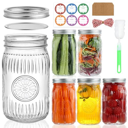 32 oz Wide Mouth Mason Jars with Lids and Bands, 6 Pack Quart Canning Jars, Embossed Glass Mason Jars for Centerpieces, Preserving, Pickling, Meal Prep, Jam, DIY Crafts