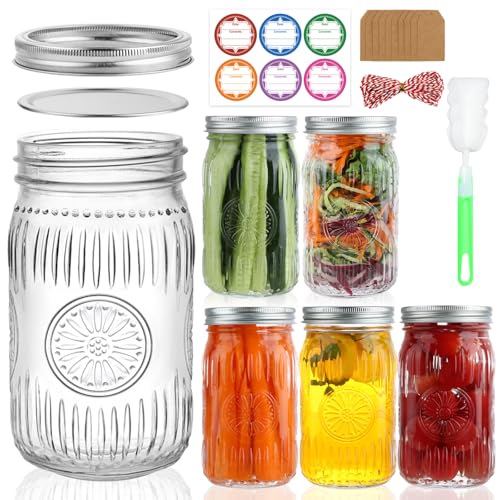 32 oz Wide Mouth Mason Jars with Lids and Bands, 6 Pack Quart Canning Jars, Embossed Glass Mason Jars for Centerpieces, Preserving, Pickling, Meal Prep, Jam, DIY Crafts