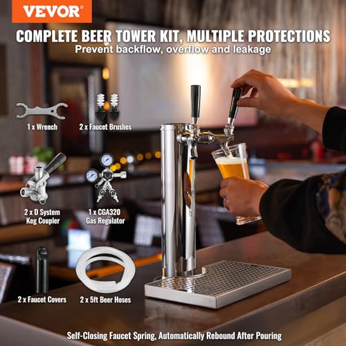 VEVOR Kegerator Tower Kit, Dual Taps Beer Conversion Kit, Stainless Steel Keg Beer Tower Dispenser with Dual Gauge CGA320 Regulator & D-System Keg Coupler, Beer Drip Tray for Party Home - style: Dual Taps