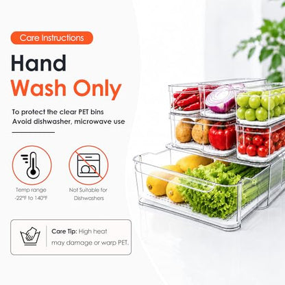 SMRCAD Clear Fridge Bins with Drain Trays - BPA-Free PET, Stackable(6 Pack) | 6 Pack: 1 Drawer + 5 lidded Bins, Helps Keep Produce Fresh, 16.3L Capacity, Hand Wash Only