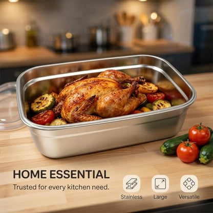 186 oz Stainless Steel Food Storage Container with Lids, 13.0 x 9.6 x 5.1 in Leakproof Kimchi Container with Handles, Large Food Storage Containers for Roasting Turkey, Kimchi, Fruits, Party, Kitchen