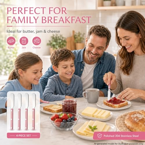 4PCS Stainless Steel Butter Knives Set: 6.3 Inch Cheese Spreader 304 Stainless Steel with Ergonomic Handle for Cheese, Butter & Jam (pink) - color: pink