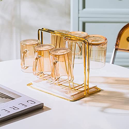 Metal Cup Drying Rack with 6 Hooks | Bottle Drying Rack with Drain Tray,Coffee Mug Holder,Mug Organizer Golden - color: Gold