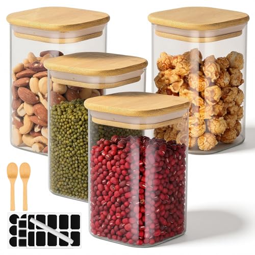 Glass Storage Jars with Lids, 19 Fl.oz Square Glass Jars with Bamboo Lids Set of 4, Clear Sugar Coffee Container Kitchen Canister for Tea, Candy, Flour,Nuts - Included Labels, Marker and Spoon - color: 4 Pack, size: 19 fl.oz