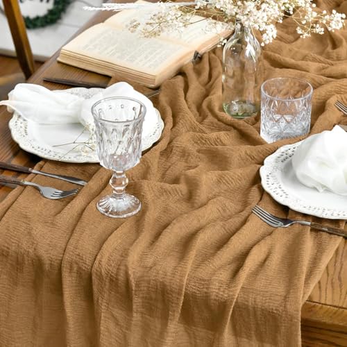 Artoid Mode Boho Cheesecloth Gauze Mustard Yellow Wedding Table Runner, 120 Inch Seasonal Fall Thanksgiving Fabric Kitchen Dining Holiday Table Decor for Home Party Indoor - color: Mustard Yellow, size: 120"
