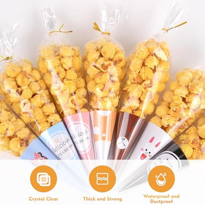 CdbC Cone Shaped Cellophane Treat Bags, 100 Pcs 7x15 inches, Clear, Disposable, Formed/Sealed, Plastic, Twist Tie, Perfect for Party Treats, Candy, Popcorn, Snack Wraps