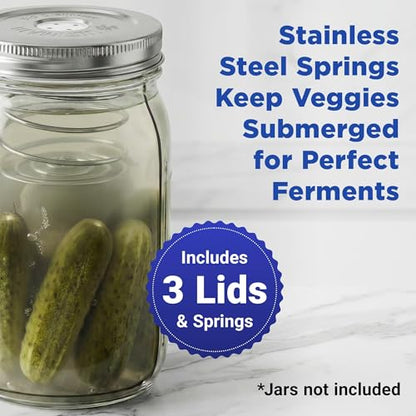 Ultimate Fermentation Kit to Make Probiotic Vegetables: Sauerkraut, Kimchi, Pickles w/FREE Digital Guide, 3 Fermenting Springs & Venting Lids for Easy Pickling in Wide Mouth Mason Jars (Not Included)