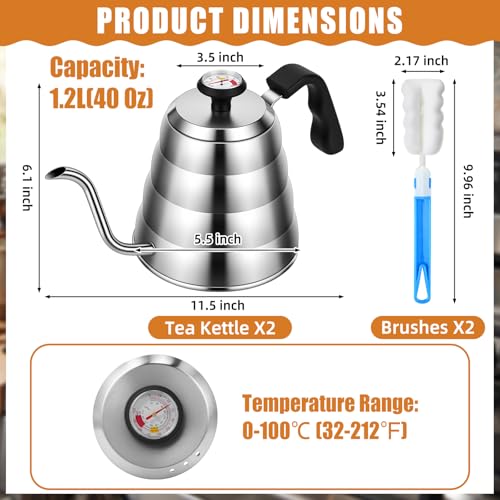 2 Sets Tea Kettle with Thermometer Pot and 2 Pcs Brushes, 40 Fl oz Stainless Steel Gooseneck Pour over Coffee Maker Teapot Pour over Coffee Kettle, 1200ml for Home Kitchen Camping